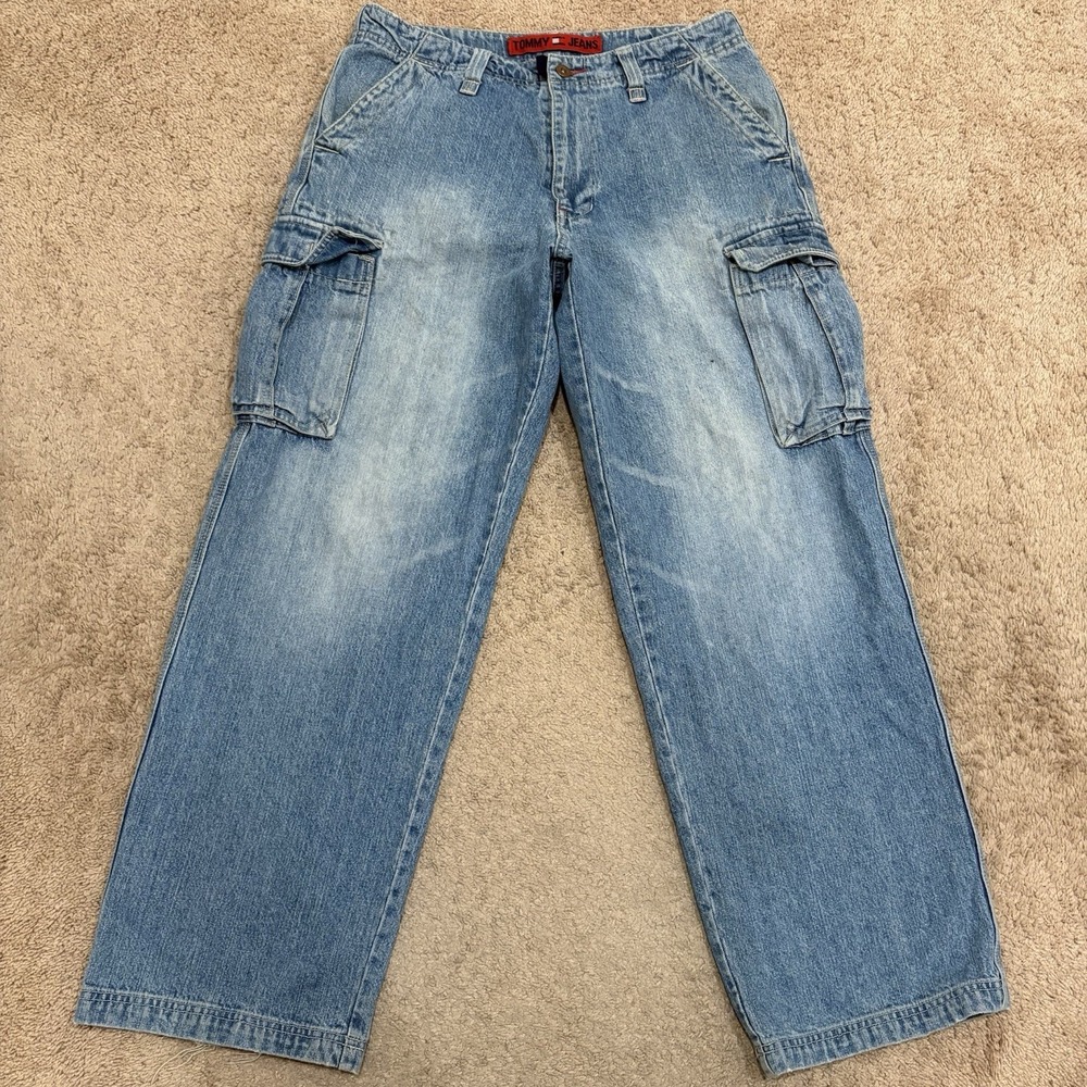 Vintage Tommy Hilfiger Cargo Jeans Men's 34x31 Blue Denim Baggy Y2K Skater